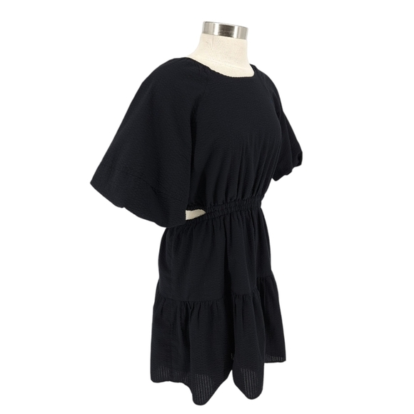 Madewell Alessia Fit Flare Dress Black Puff Short Sleeve Cut Out Back Large - Picture 3 of 8